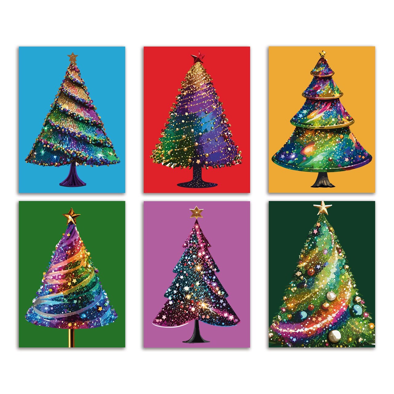 Rainbow Christmas Greeting Cards Boxed Set of 24 Holiday Notecards Featuring 6 Vibrant and Colorful Tree Designs, Perfect for Unique and Festive Wishes